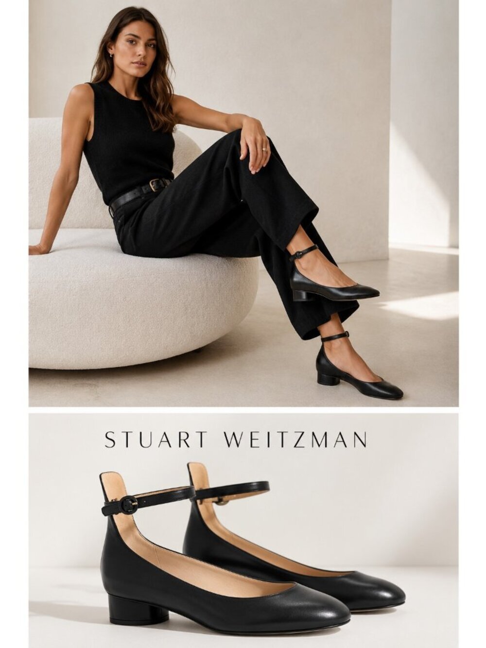 Stuart Weitzman Black Leather Ankle Strap Ballet Flats Low Heel Shoes Women 8.5M